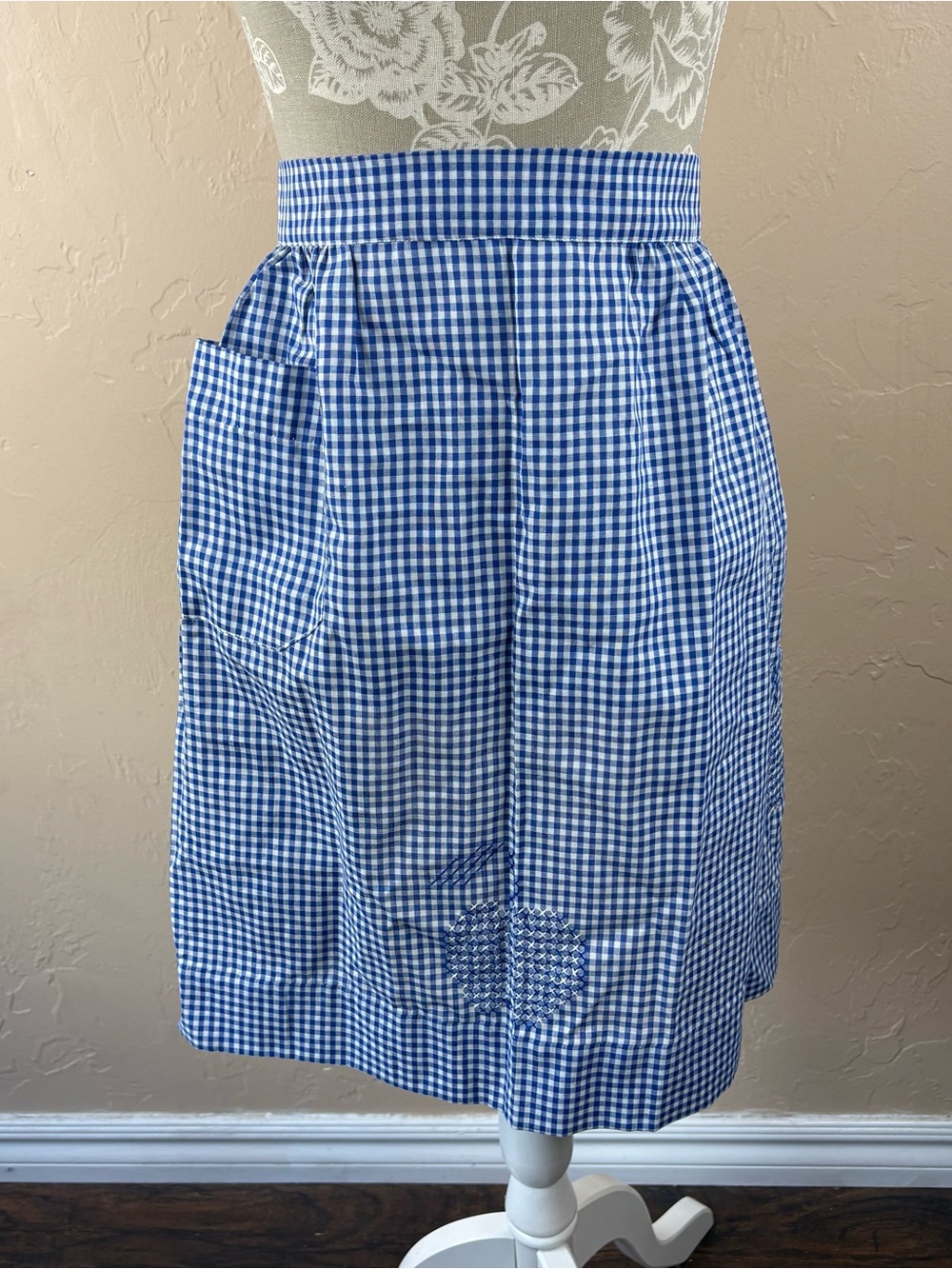 Vintage Gingham Blue & White Apron Handmade with Embroidery & Pocket